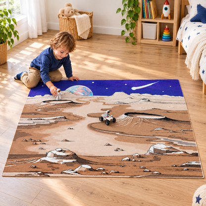 Space Playmat 1.5m x 1m showing children playing with separate astronaut and rover toys in an early years play area