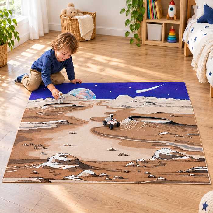 Space Playmat 1.5m x 1m showing children playing with separate astronaut and rover toys in an early years play area