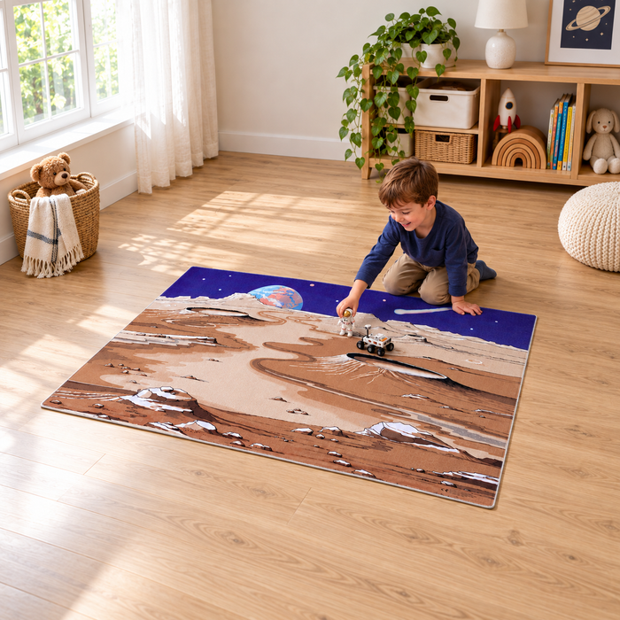 Space Playmat 1.5m x 1m showing children playing with separate astronaut and rover toys in an early years play area