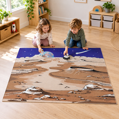 Space Playmat 1.5m x 1m showing children playing with separate astronaut and rover toys in an early years play area