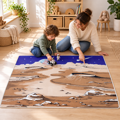 Space Playmat 1.5m x 1m showing a child and adult exploring the printed planet scene in an early years play area