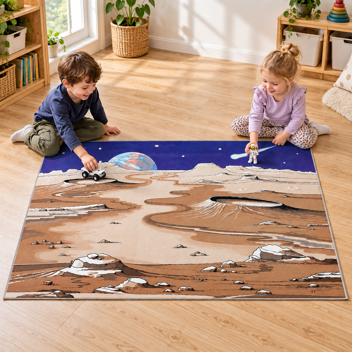 Space Playmat 1.5m x 1m showing children playing with separate astronaut and rover toys in an early years play area