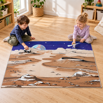 Space Playmat 1.5m x 1m showing children playing with separate astronaut and rover toys in an early years play area