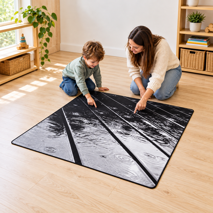 Images In Nature Black & White Rain Playmat 1m x 1m showing children exploring the printed scene with play props supplied separately