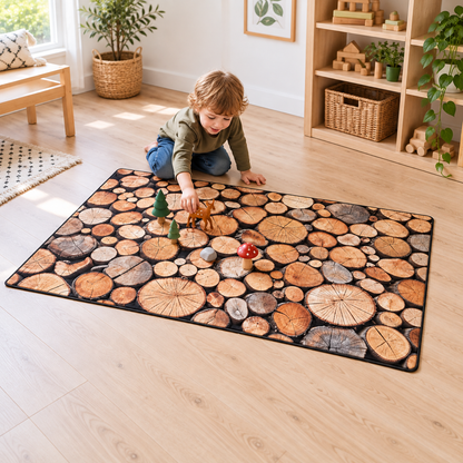 Images In Nature Logs Playmat 1.5m x 1m showing children exploring the printed scene with play props supplied separately