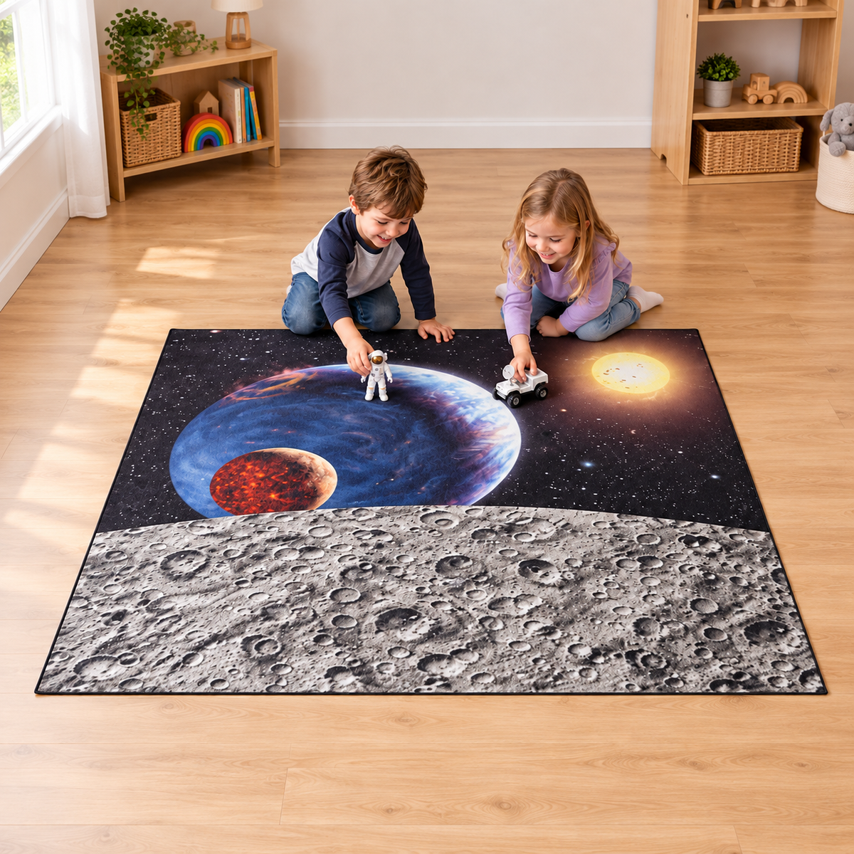 Images In Nature Space Playmat 2m x 1.5m showing children exploring the printed scene with play props supplied separately