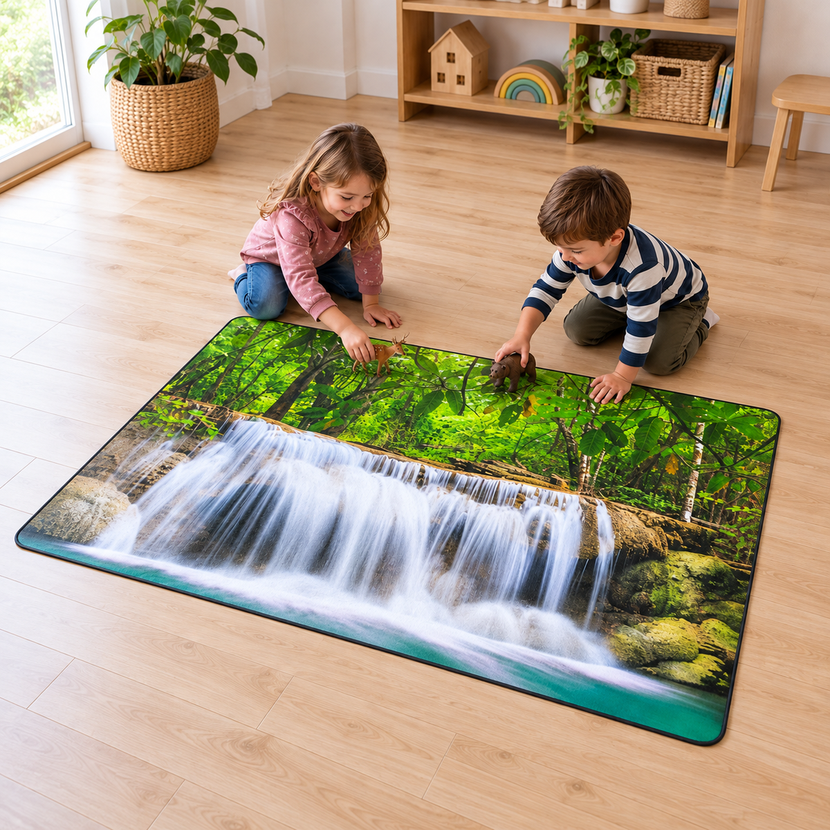 Images In Nature Waterfall Playmat 1.5m x 1m showing children exploring the printed scene with play props supplied separately