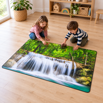 Images In Nature Waterfall Playmat 1.5m x 1m showing children exploring the printed scene with play props supplied separately