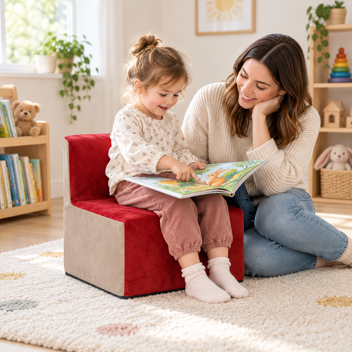 Child reading on Wine suede chair with adult