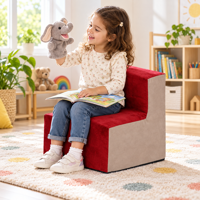 Child using puppet while seated on Wine suede chair