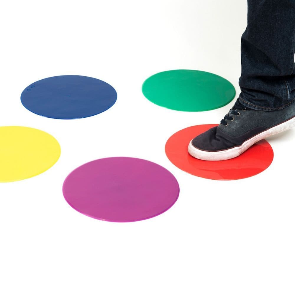 Spot Floor Markers, Teach children to respect their own and others personal space with these useful and colourful spot floor markers. These Spot floor markers create colourful boundaries which are a great visual learning tool and can help develop social skills by ensuring boundaries are observed. These spot markers are also a great way for children to mark their place for example by placing a coloured spot on a seat. The Spot Floor Markers are g reat visual learning tool for children with autism and sensory