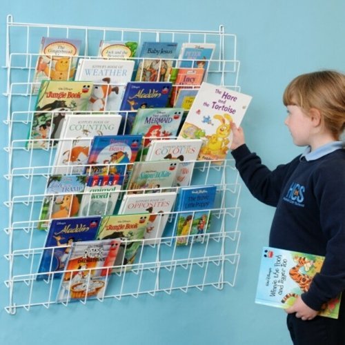 Square Wall Hung Book Rack, This Square Wall Hung Book Rack measures 83cm high x 80cm wide. This Square Wall Hung Book Rack is made from thick wire that is plastic coated and is therefore strong, light and easily handled. The Square Wall Hung Book Rack offers the perfect storage solution for books as they free up valuable classroom floor space and wall book rack can be displayed at a height where the books are easily accessible for the children. This Square Wall Hung Book Rack has 10 rows and holds up to 50
