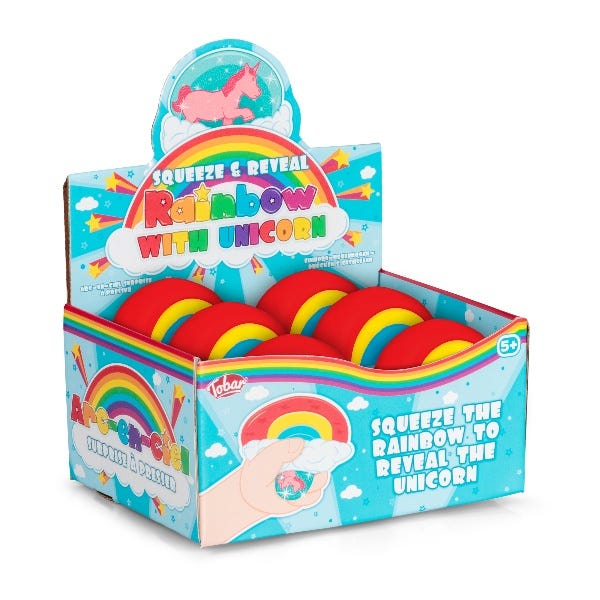 Squeeze and Reveal Rainbow with Unicorn, The Squeeze and Reveal Rainbow with Unicorn is a delightful and enchanting addition to any toy collection. This colorful rainbow is not just a regular accessory, but it contains a hidden surprise inside that is sure to capture the imagination of both children and adults alike.When you give this rainbow a gentle squeeze, a liquid-filled bubble emerges from the top, and within it, you will find a small unicorn figure swimming around. This mesmerizing sight is certain t