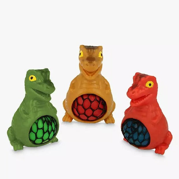 Squeezy Mesh Dinosaur, When squeezed, the mesh ball inside the dinosaur squishes and moves, creating a unique and satisfying tactile experience. The Squeezy Mesh Dinosaur has a rubberized outer shell is soft and pliable, making it easy to grip and squeeze. This makes it an excellent sensory tool for children and adults who need a calming effect when feeling anxious or stressed. Additionally, the bright and colorful design of the Squeezy Mesh Dinosaur is visually appealing and stimulating. Small and portable