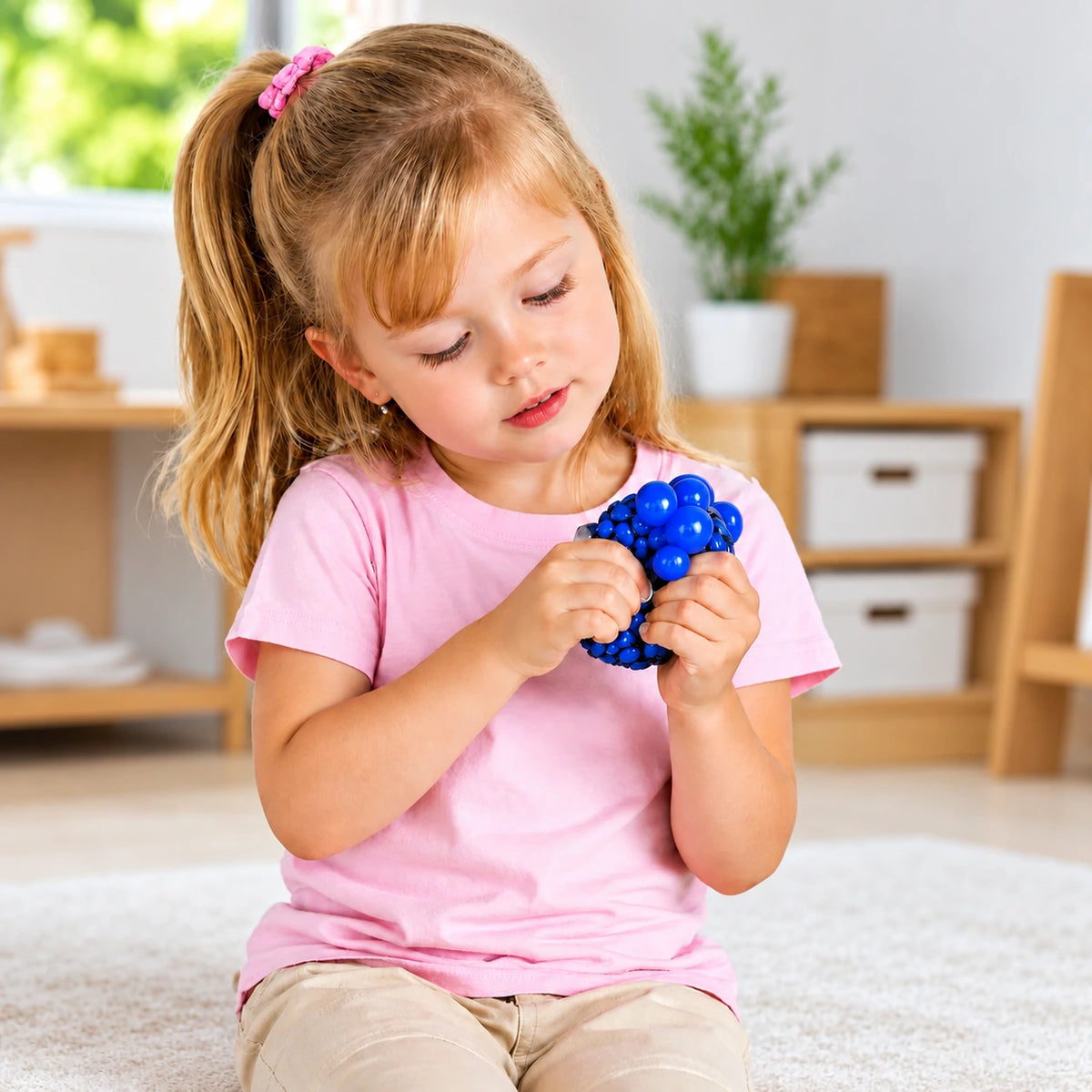 Child squeezing a blue mesh stress ball