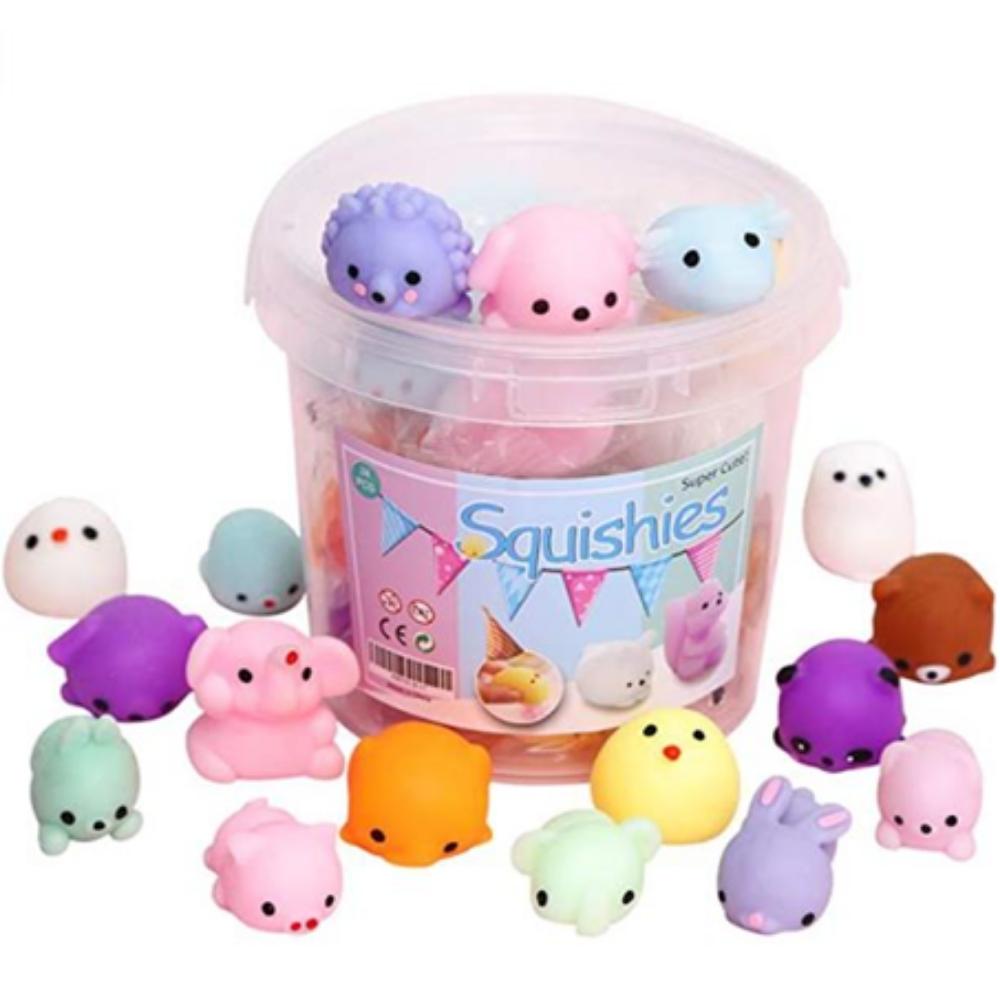 Squishy Cute Animal Tub Mochi Buddies Squishies, Introducing the Squishy Cute Animal Tub, your ticket to a world of squishy fun! Packed to the brim with 18 cute and colorful critters, this tub is sure to bring a smile to your face.Each adorable creature inside is irresistibly squishable and stretchable, making them perfect for tactile play. Squeeze them, twist them, or give them a little stretch – these little guys can handle it all! Not only are these squishy animals a delightful toy for children, but they