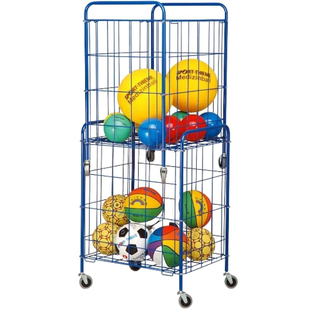 Stackable Ball Storage Trolley, The stackable ball trolley is made of steel wire mesh and is painted blue. With a 245-litre storage capacity, the trolley offers plenty of space for your sports equipment. 4 swivel castors make it easy to move around. Thanks to its practical hinged lid, the ball trolley can also be secured with a padlock. Don’t forget to order a suitable padlock. Product information: Material: steel wire Outer dimensions (HxWxD): 95x70x55 cm (incl. castors) Weight: approx. 10 kg Load capacity