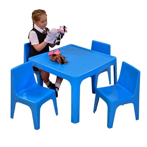 Stackable Chairs And Tables - Blue, The Stackable Chairs And Tables are a versatile, colourful table and chairs set which are suitable for both indoor and outdoor use. The Stackable Chairs And Tables are stackable and easy to wipe clean. Rounded edges and a table lip to contain spills and prevent things rolling off. Each chair can hold the weight of an average adult. Includes one table and four chairs. Width between table legs 610mm. Material : Polypropylene Height: 520 mm Length: 720 mm Width: 720 mm Seat 