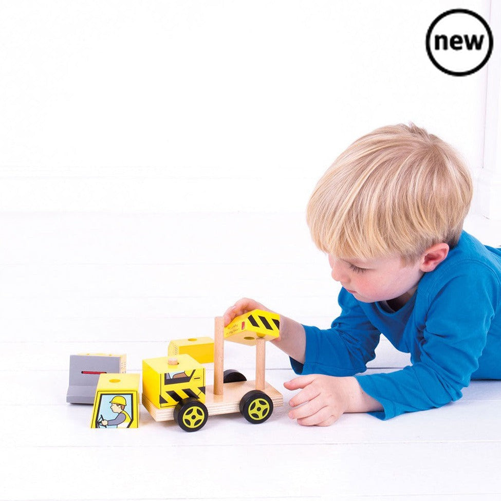 Stacking Bulldozer, Here comes the Bigjigs Toys Stacking Bulldozer! The bright yellow wooden stacking toy is painted with construction-style patterns and features its own bulldozer driver. This push along wooden toy is two toys in one! Develop dexterity and problem-solving skills with this stacking and push along wooden toy. Before this wooden vehicle can get on the move, your little one must first stack all of the colourful wooden blocks together in the correct order and then the push along fun can begin! 