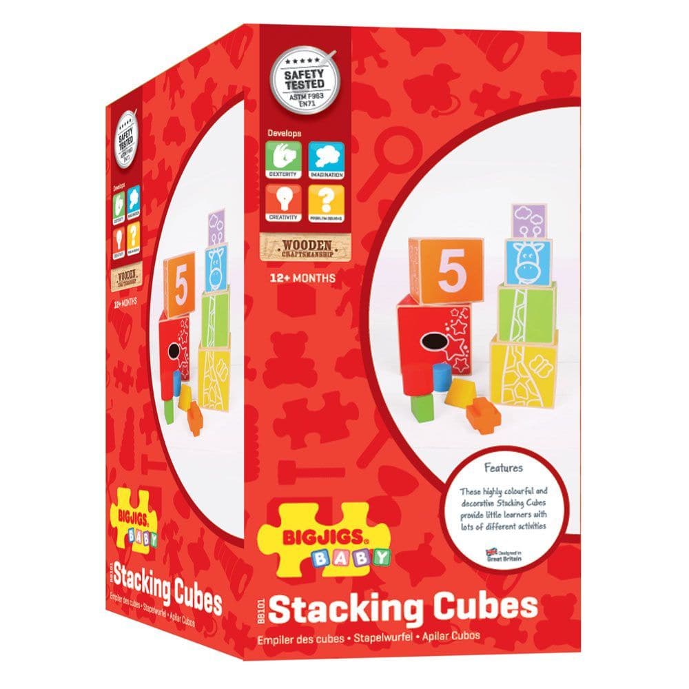 Stacking Cubes, These brightly coloured wooden Stacking Cubes provide lots of different activities including a shape sorter and a tall giraffe to construct! Each cube is numbered from smallest to largest (1 to 6), with the corresponding number of dots and animals appearing on the faces of each cube. Stack them up and learn to recognise numbers, shapes and animals! Helps to develop dexterity and co-ordination. Made from high quality, responsibly sourced materials. Conforms to current European safety standard