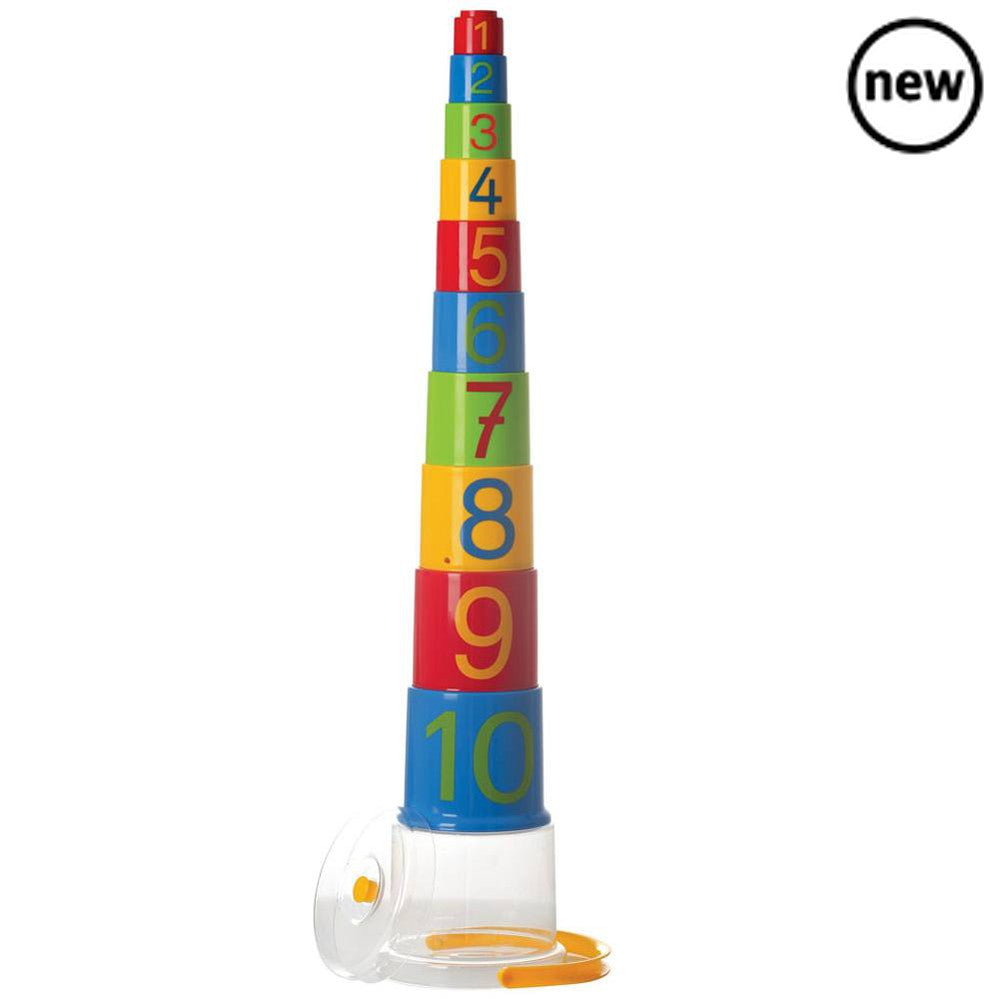 Stacking Pyramid Numbers, Graduating in size, these brightly coloured rounded stacking blocks feature numbers 1-10 to aid your little one in learning to count and recognise numbers and sizes. The smallest stacking block features the number 1 and increments up to number 10 on the largest block, to help reinforce number order. A fun yet educational stacking toy. When playtime's over, store all of the blocks away inside the clear storage tub which includes a handle and can also be used as a base for the stacke