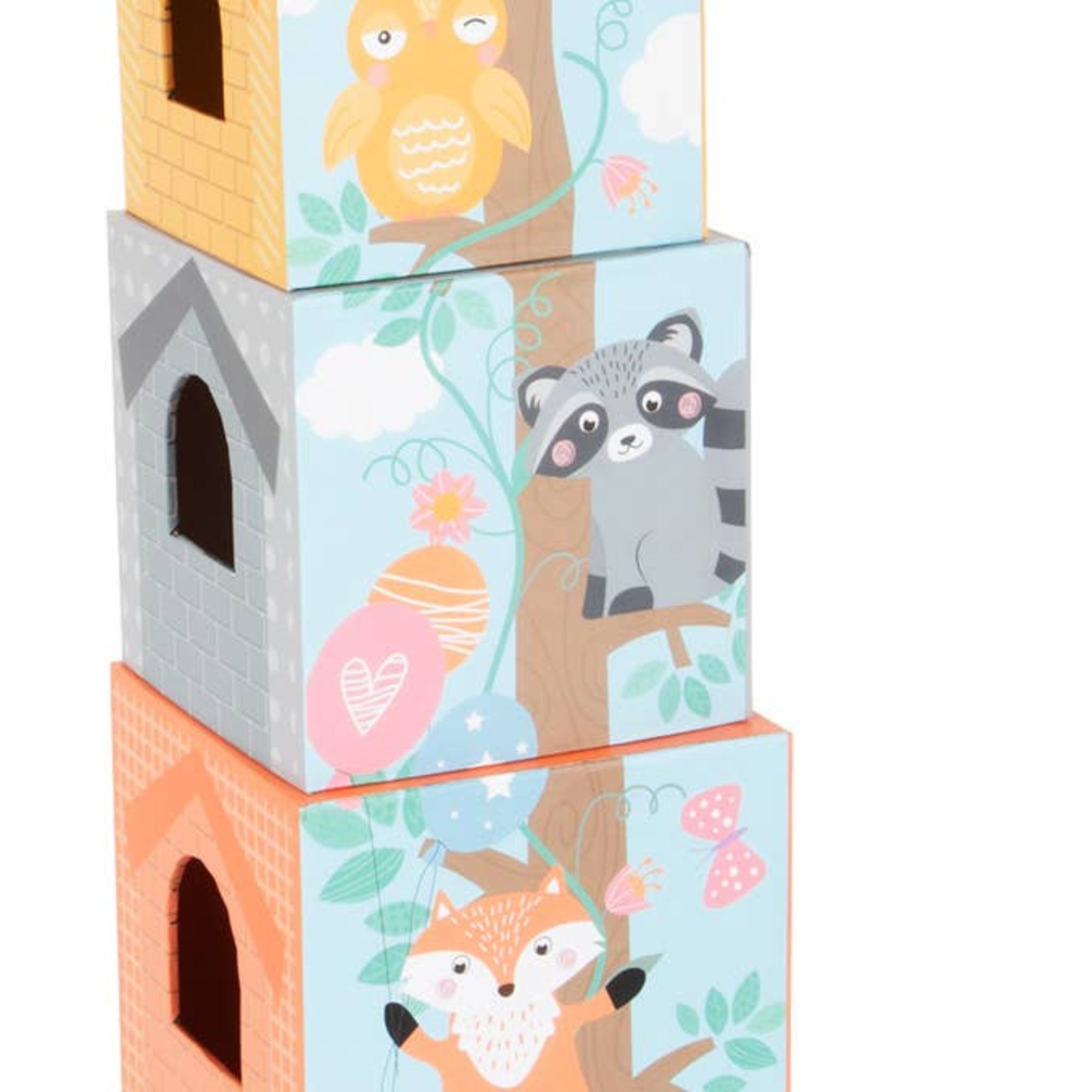 Stacking Tower Pastel, Introducing our Stacking Tower Pastel set, perfect for children looking to learn and have fun at the same time! The Stacking Tower Pastel set includes five pastel-coloured stacking cubes made of sturdy cardboard, along with matching wooden animal figures. Each cube has playful illustrations that guide children to stack them in the correct sequence. Four of the cubes also have door and window openings, providing extra fun for little ones to hide their animal figures.To make learning ev
