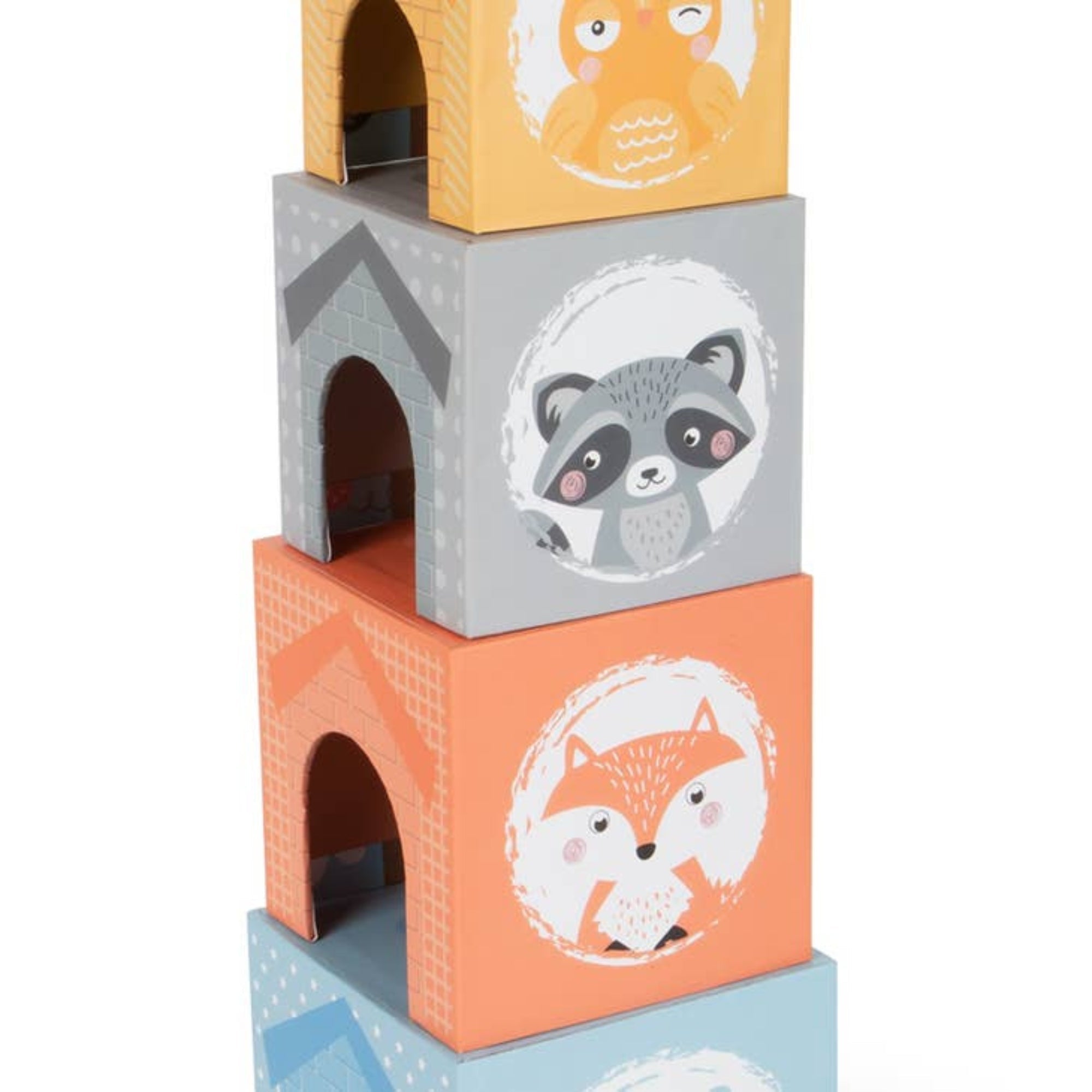 Stacking Tower Pastel, Introducing our Stacking Tower Pastel set, perfect for children looking to learn and have fun at the same time! The Stacking Tower Pastel set includes five pastel-coloured stacking cubes made of sturdy cardboard, along with matching wooden animal figures. Each cube has playful illustrations that guide children to stack them in the correct sequence. Four of the cubes also have door and window openings, providing extra fun for little ones to hide their animal figures.To make learning ev