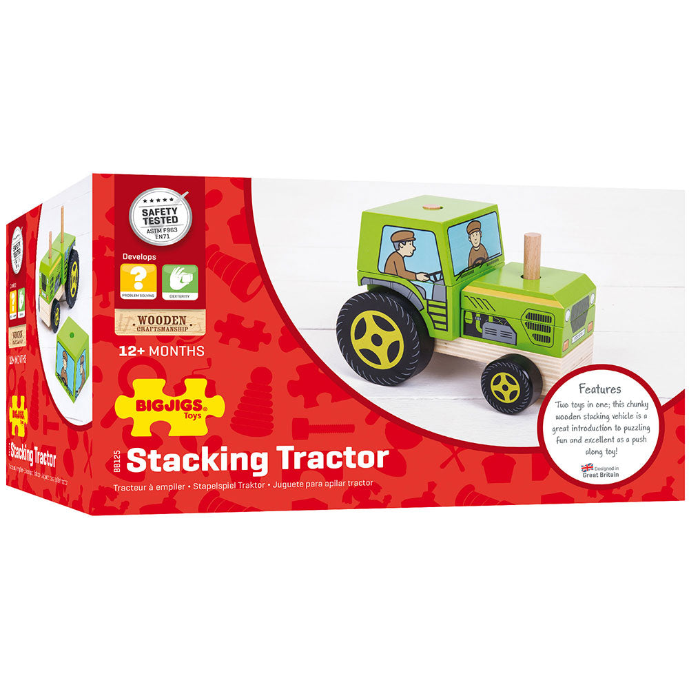 Stacking Tractor, The Farmer is on his way to a new countryside adventure in the Bigjigs Toys Stacking Tractor. This vibrant green wooden stacking toy has fine painted detailing and looks similar to the real thing! Kids can develop their dexterity and problem-solving skills with this 2 in 1 stacking and push along toy. Before you can get your Stacking Tractor chugging its way to the field, you must stack all of the bright wooden blocks together in the right order - then the push-along adventures can start! 