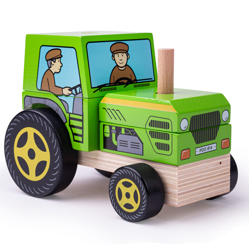 Stacking Tractor, The Farmer is on his way to a new countryside adventure in the Bigjigs Toys Stacking Tractor. This vibrant green wooden stacking toy has fine painted detailing and looks similar to the real thing! Kids can develop their dexterity and problem-solving skills with this 2 in 1 stacking and push along toy. Before you can get your Stacking Tractor chugging its way to the field, you must stack all of the bright wooden blocks together in the right order - then the push-along adventures can start! 