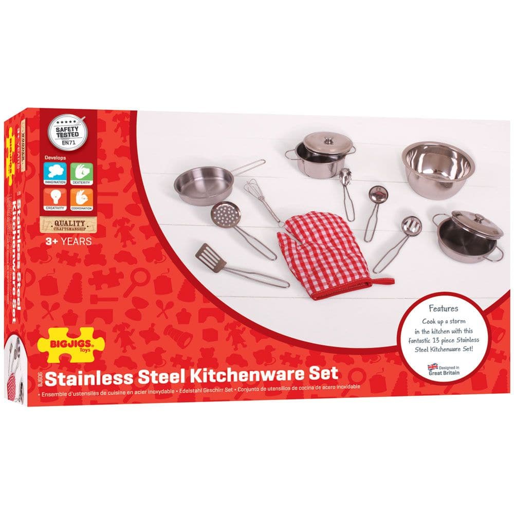 Stainless steel kitchenware set, Perfectly sized for little hands, this professional looking Kitchenware Set will inspire and delight young chefs in equal measure! The stainless steel pots, pans and ladles come complete with a handy gingham oven mitt. A great way to educate little ones about every step of preparing, creating and cooking in the kitchen! Encourages creative and imaginative role play. Conforms to current European safety standards. Consists of 13 play pieces. This fantastic kids kitchen set loo