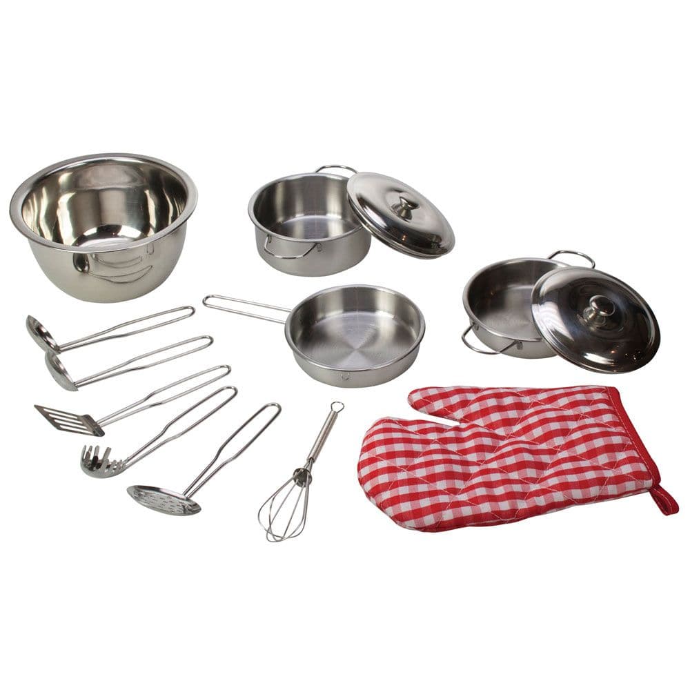 Stainless steel kitchenware set, Perfectly sized for little hands, this professional looking Kitchenware Set will inspire and delight young chefs in equal measure! The stainless steel pots, pans and ladles come complete with a handy gingham oven mitt. A great way to educate little ones about every step of preparing, creating and cooking in the kitchen! Encourages creative and imaginative role play. Conforms to current European safety standards. Consists of 13 play pieces. This fantastic kids kitchen set loo