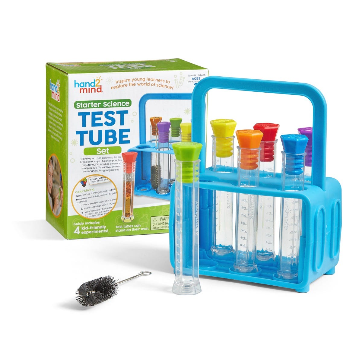 Starter Science Test Tube Set, The Starter Science Test Tube Set will inspire young learners to explore the world of science with 6 test tubes for kids and Activity Guide with 4 child-friendly experiments. Each hexagonal test tube has a base and can stand on their own and has a colourful hexagonal lid. This means these test tubes won’t roll off the table. The test tubes store upright in the convenient carrying rack and are easy to clean using the included cleaning brush. Children will love to experiment, ob