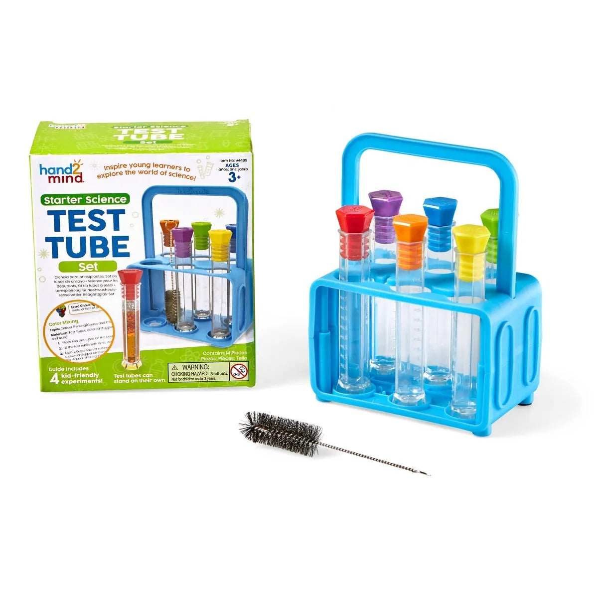 Starter Science Test Tube Set, The Starter Science Test Tube Set will inspire young learners to explore the world of science with 6 test tubes for kids and Activity Guide with 4 child-friendly experiments. Each hexagonal test tube has a base and can stand on their own and has a colourful hexagonal lid. This means these test tubes won’t roll off the table. The test tubes store upright in the convenient carrying rack and are easy to clean using the included cleaning brush. Children will love to experiment, ob