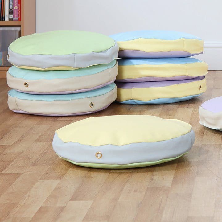 Story Cushions Pastel Colours Pack Of 10, The Story Cushions Pastel Colours set is a durable pastel coloured waterproof wipe clean cushions which are great for group seating areas and reading time. The Story Cushions Pastel Colours are thee perfect addition for story time or circle time at School or in a Early years setting.The Pastel Story cushions are made to exacting quality standards and finished in a soft touch durable vinyl, meeting all relevant safety and fire standards. Made with soft touch, easy to