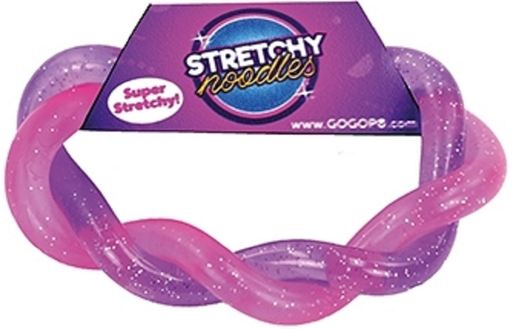 Stretchy Glitter Noodles, The Stretchy Glitter Noodles are made up of two glittery intertwined noodles, designed to keep fidgeting hands busy. Stretch, twirl and wrap it into any shape, and let it bounce back into its original form. Stretchy Glitter Noodles Choose between the pink/purple combination, and the blue noodle, or choose both! A great pocket money toy that provides hours of fun. Makes a good squeezy toy. A great product for anti-anxiety and stress relief. Not suitable for under three years of age.