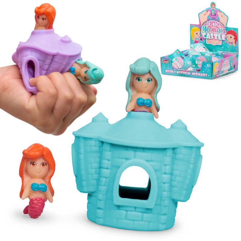 Stretchy Mermaid Castle, Introducing the Stretchy Mermaid Castle, the perfect fidget toy for endless hours of fun and sensory exploration! This stretchy and squeezy castle comes with a delightful pair of bendy mermaids ready to dive into the imaginative underwater world.Watch as your little ones stretch and squeeze the flexible castle, enjoying the tactile experience it provides. With its various windows and doorways, this castle becomes a creative playground where your child can weave the stretchy sirens i