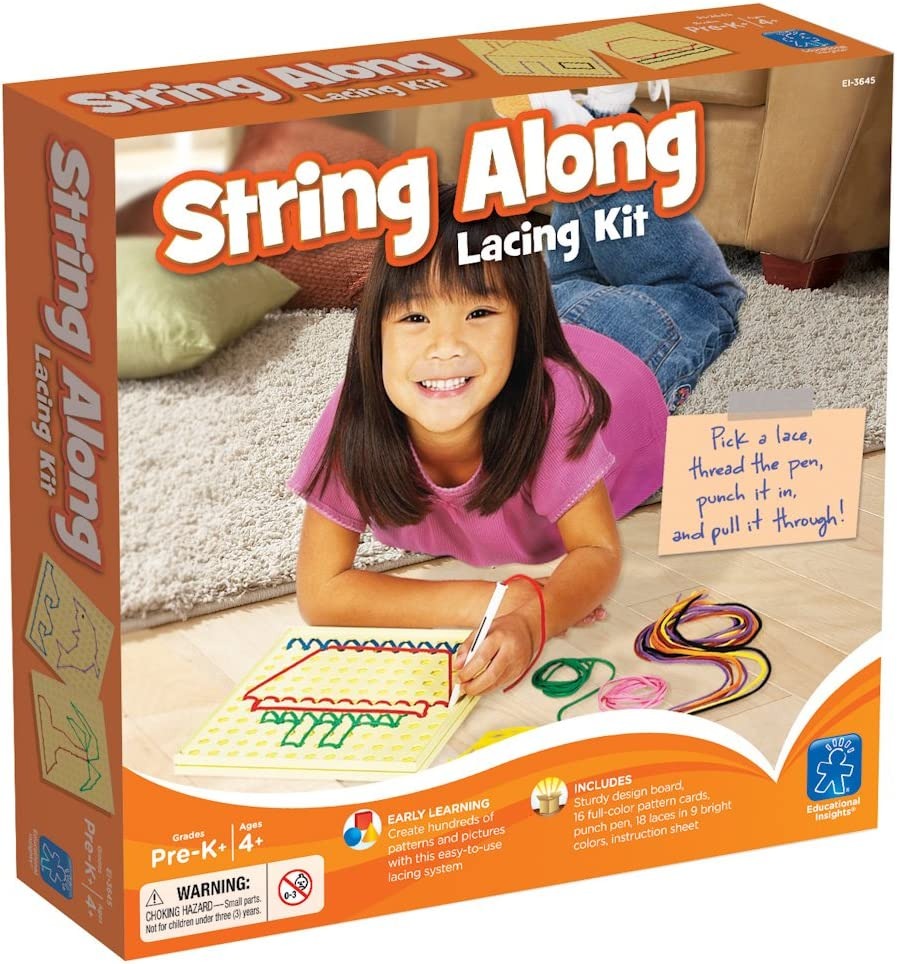 String along lacing kit, Hours of creative fun with this String along lacing kit. Create your own design, or follow the kit's colourful pattern cards to make patterns and pictures. Pick a string, thread the pen, then 'punch and pull' a colourful design. The String along lacing kit helps develop hand-eye coordination, fine motor skills, counting and patterning skills String along lacing kit Includes: design board punch pen 18 laces 16 pattern cards and instruction sheet. String along lacing kit Helps to stre