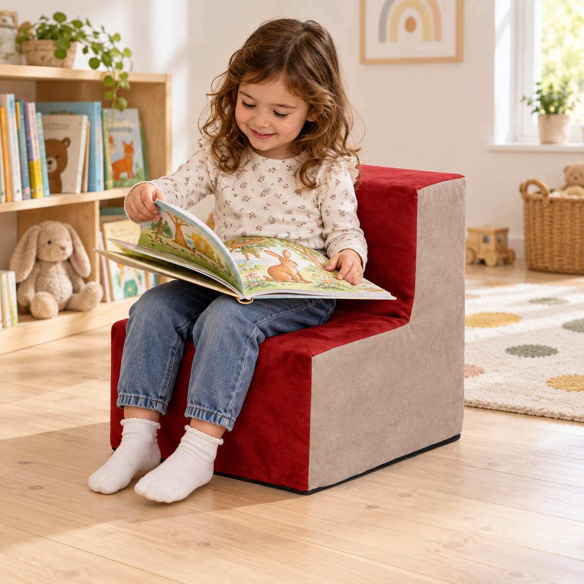 Child turning picture-book page on Wine suede chair