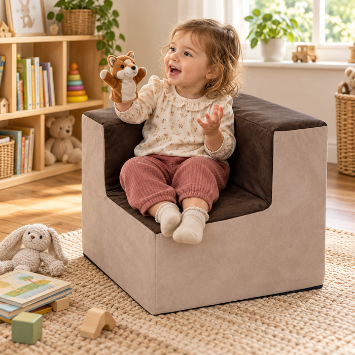 Suede Toddler Corner Chair at 400 x 400 x 400mm in use during reading or storytelling by a child in a nursery