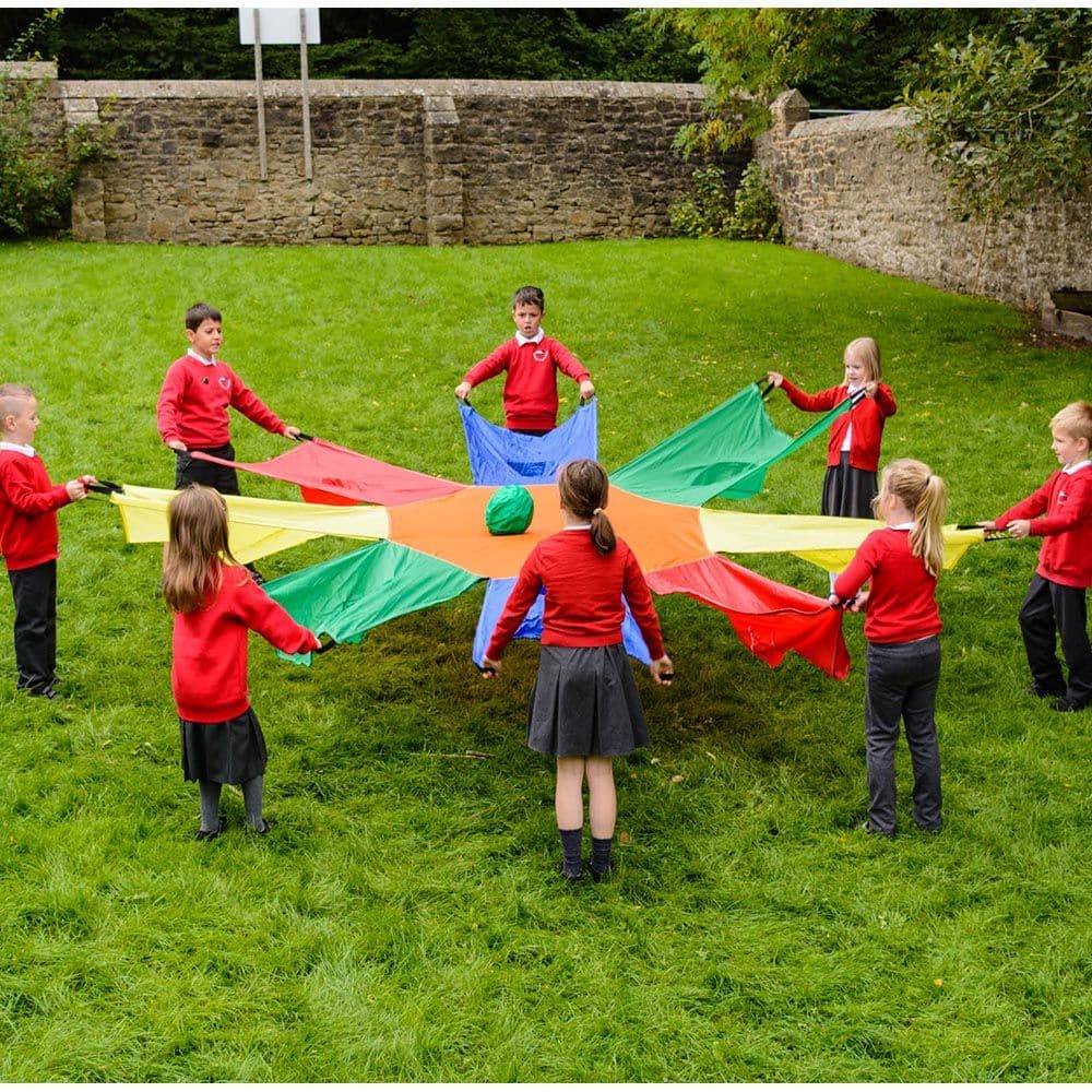 Sunflower Parachute, Parachute play is a novel and fun way of encouraging new skills and development. The Sunflower Parachute is a colourful and sometimes calming delight for playtime, it can create soft, whispering sounds, or loud rippling noises, depending on how quickly it is moved. Develops children’s competence and confidence to co-ordinate objects and to communicate, collaborate and compete with others. This large sunflower shaped parachute is perfect for co-ordination and team building skills. Practi