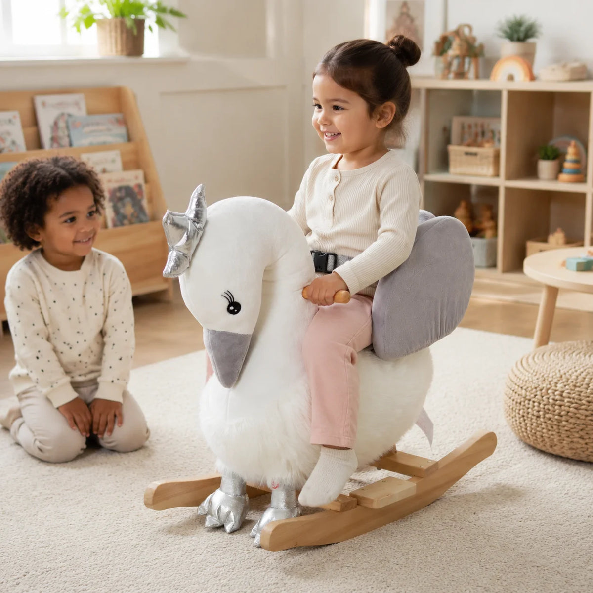 Swan Plush Rocking Horse with Sound – White and Grey-Swan Plush Rocking Horse with Sound – White and Grey