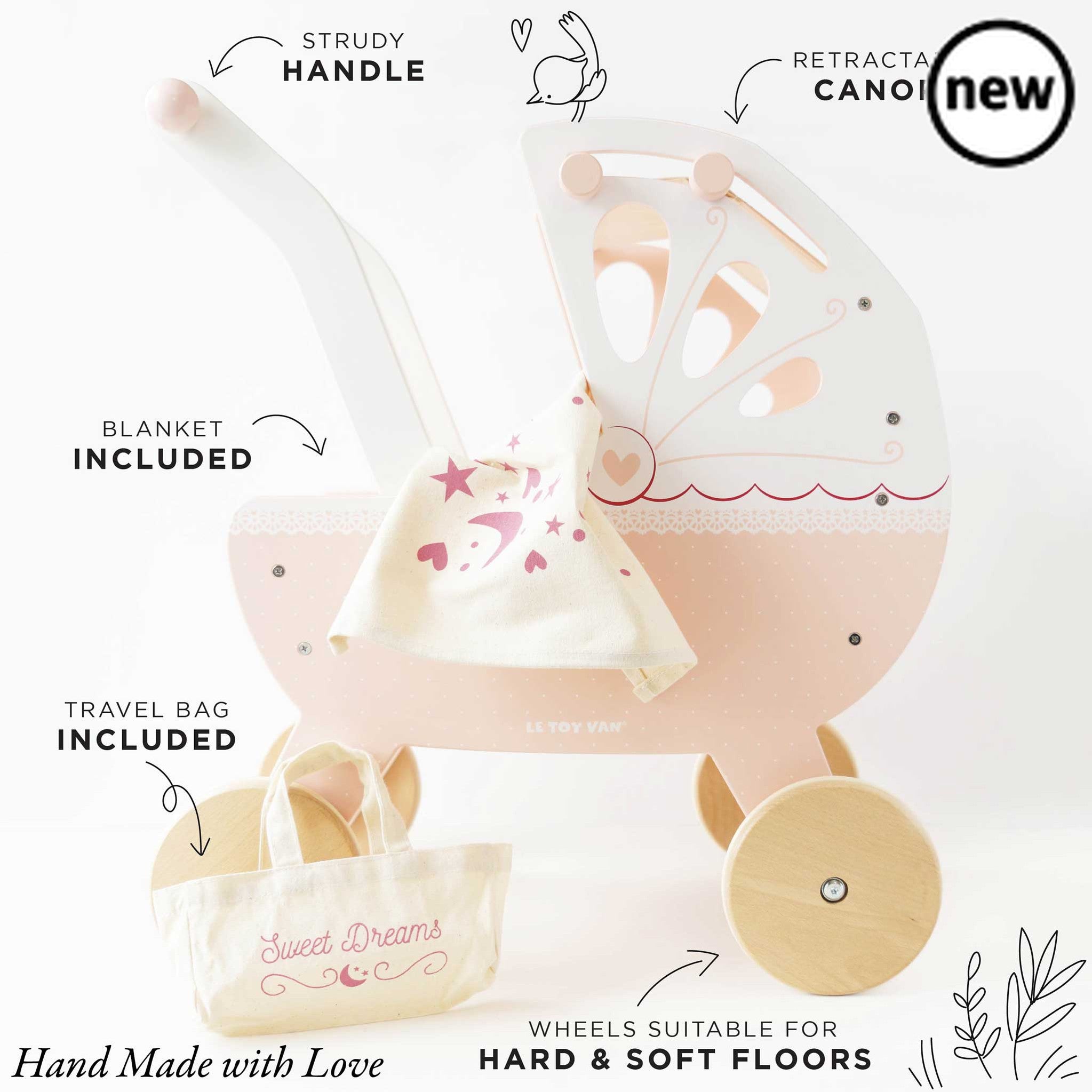Sweet Dreams Doll Pram, Description Take dolly out and about on all their childhood adventures with our beautiful, traditional wooden doll pram stroller. Lovingly designed, this little beauty is full of nostalgia, adorned with prettiest, delicate detailing with heart and lace motifs. Featuring a soft pastel pink, cream and fresh white colour palette, it's strong structure, soft padded mattress and unique retractable hand-sewn canopy makes it the perfect pram to take soft toys and dolls out in style. Crafted