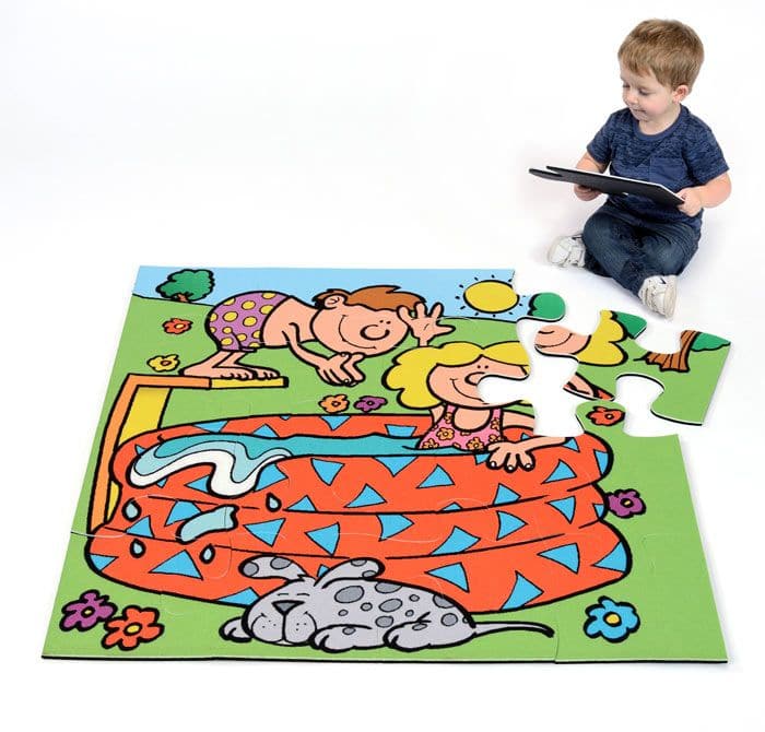 Swimming Pool Jumbo Puzzle, Introducing our Swimming Pool Jumbo Floor Puzzle, a must-have educational tool for children's growth and development. Crafted from a super thick polyester material, this puzzle is built to withstand the energetic play of little ones and provide long-lasting enjoyment.Featuring large, tactile pieces, this puzzle is perfectly designed for small hands. Each piece fits together snugly and securely, making it easy for children to complete the puzzle on their own. With vibrant colors a