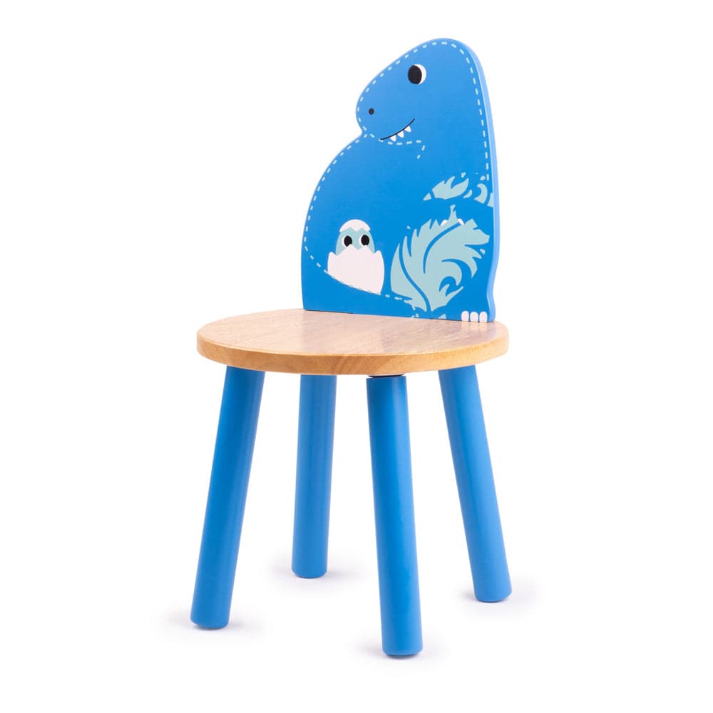 T-Rex Dinosaur Chair, Our colourful T-Rex Chair features a natural wood seat and a blue back shaped like a Tyrannosaurus Rex dinosaur. This vibrant dinosaur chair is the ideal height for young children to perch on. This kids dinosaur chair is part of the Tidlo Dinosaur furniture set with the Pterodactyl, Brontosaurus and Stegosaurus all coordinating with the Dinosaur Table. The T-Rex Chair is crafted from sturdy and robust wood and would suit any bedroom, playroom or kitchen. Designed for indoor use only an