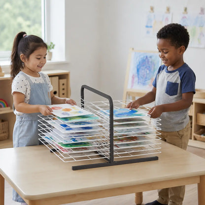 Table Top 20 Shelf Drying Rack in a naturally lit early years nursery lifestyle setting 2