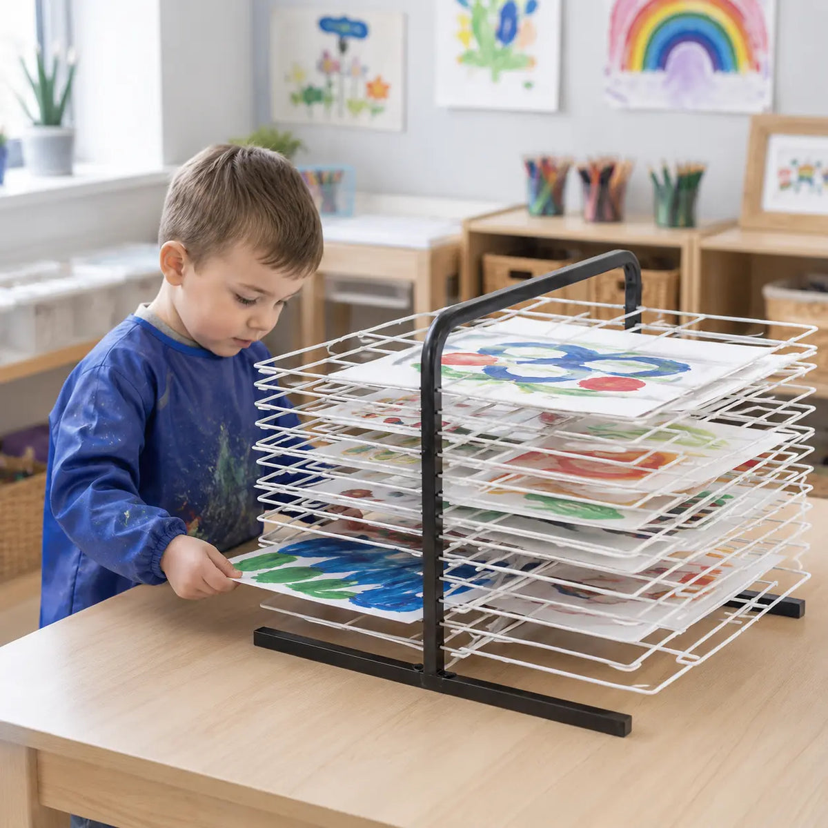 Table Top 20 Shelf Drying Rack in a naturally lit early years nursery lifestyle setting 3