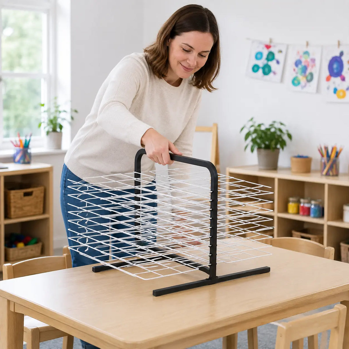 Table Top 20 Shelf Drying Rack in a naturally lit early years nursery lifestyle setting 7
