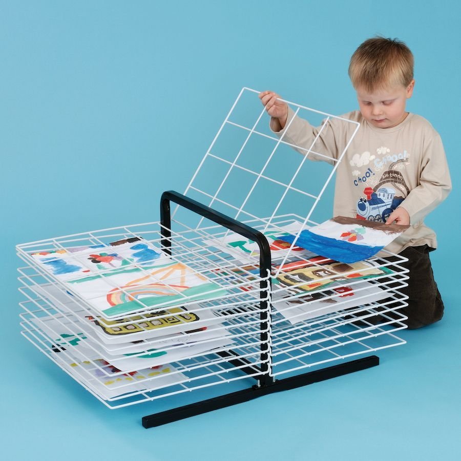 Table Top 20 Shelf Drying Rack, The Table Top 20 Shelf Drying Rack has a Black painted welded steel frame with coated wire shelves. The Table Top 20 Shelf Drying Rack is easy to move around the classroom. Table Top 20 Shelf Drying Rack's can have shelves removed if extra space is required. The Table Top 20 Shelf Drying Rack is suitable for up to A3 paper. All Table Top 20 Shelf Drying Rack are supplied assembled. Product Dimensions: 36 x 75 x 50cm, Table Top 20 Shelf Drying Rack,Table top drying rack,school