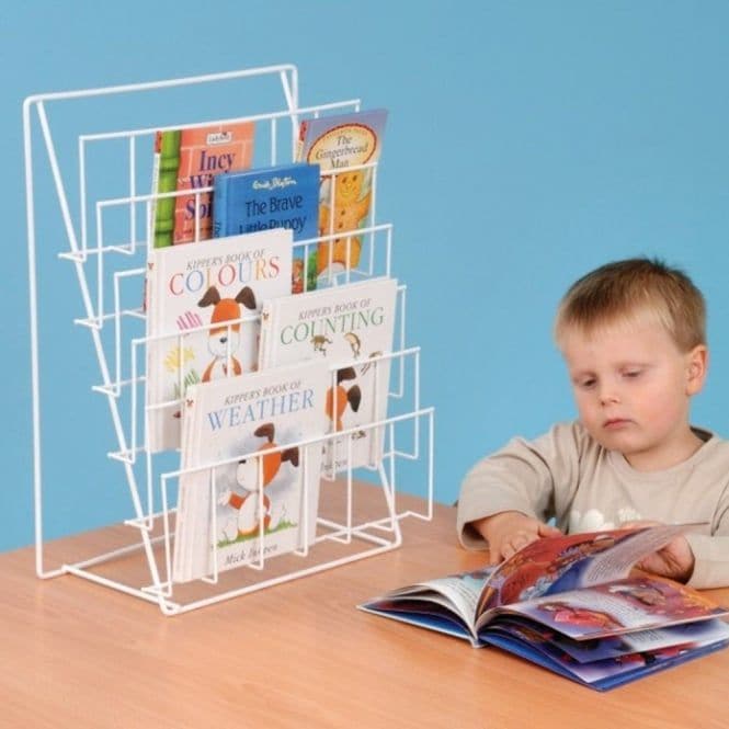 Table Top Wire Book Rack, The Table Top Wire Book Rack is a useful, single sided table top wire book rack to hold books, magazines or leaflets in the classroom, staff room or reception area. Desktop display book rack ideal for the smaller classroom. The Table Top Wire Book Rack holds up to 20 books face on. Plastic coated for easy cleaning. The unit can also be used for leaflet or brochure display. Size: L37 x W20 x H49cm., Table Top Wire Book Rack,school book storage,school book rack,Double Sided Mobile Bo