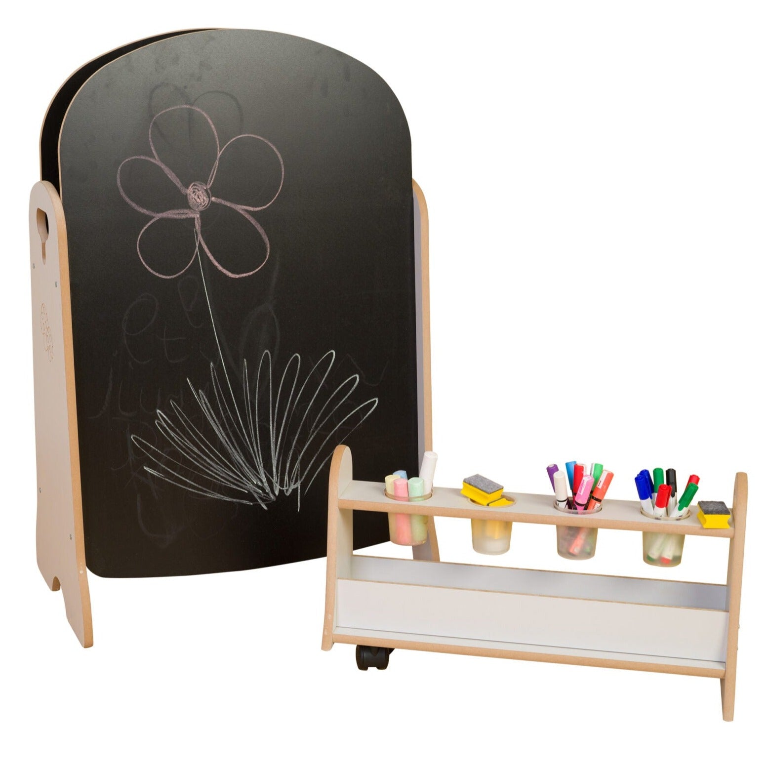 Tall Easel and Storage Trolley, A tall easel with wide base for stability, featuring reversible chalkboard and blackboard sides. The Tall Easel and Storage Trolley includes a pull out storage unit fitted with two locking castors and hand holes for easy maneuvering. Encourages independent play and creativity. 15mm Covered MDF – ISO 22196 certified antibacterial. Stow away storage trolley is fitted with 2 locking castors. Reversible blackboard and drywipe panels to encourage creativity. Supplied in flat pack 